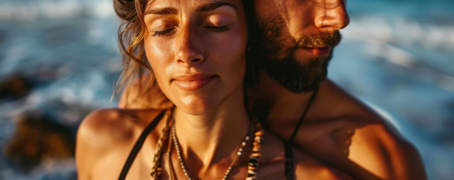 Retrato de pareja en la playa tomando el sol.