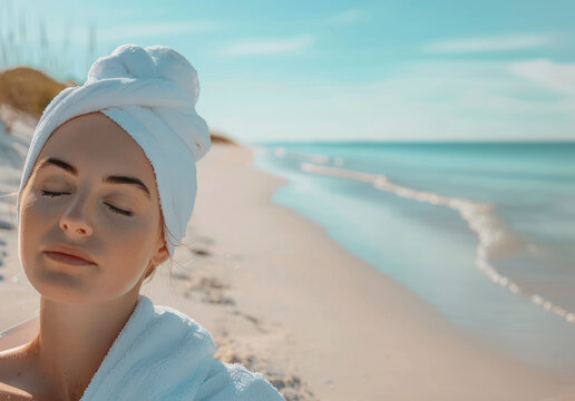Mujer en albornoz en la playa.