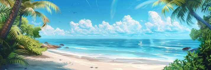 Tropical beach with lush palm trees, clear blue water, and a bright sky with fluffy clouds. Horizontal banner with copy space