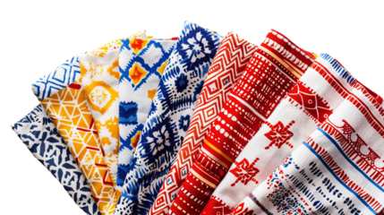photo of a set of decorative kitchen towels featuring playful patterns or themed designs, adding color and personality to the kitchen decor, isolated on a white background.