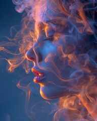 Fototapeta premium Captivating portrait of a woman in colorful smoke, creating a dreamy and surreal atmosphere with soft, flowing light and shadows.