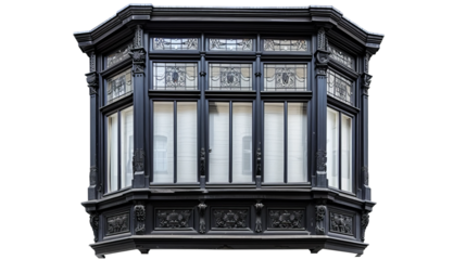 Victorian-style bay window, with ornate trim and leaded glass panes, isolated on a white background.