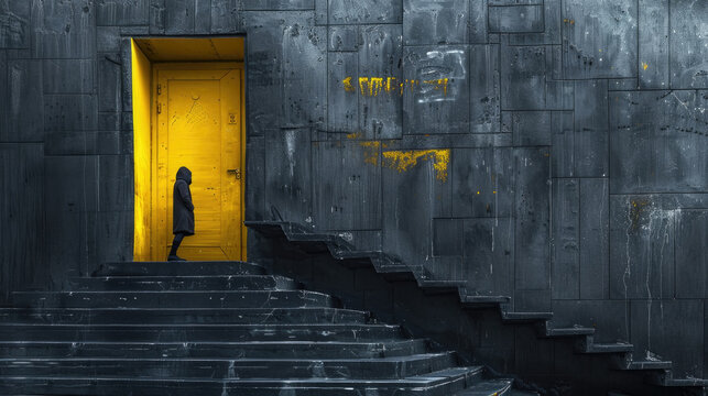 A person wearing a dark coat stands in front of a bright yellow door, with black stairs leading up to it. The surrounding wall is a dark gray color