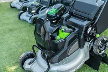 Battery-powered electric lawn mowers.