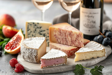 Slices of artisanal cheeses on modern board. Glass of wine and fruits on a background.