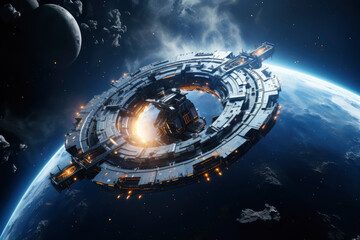 Space station futuristic in outer space with background planet earth and moon