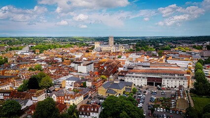 Aerial view over Canterbury with Canterbury Cathedral in the historic district - drone photography