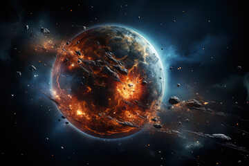 Blazing hot planet in space with meteorite rocks