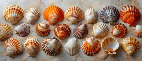 natural seashell display with diverse textures and hues ideal for coastal decor and marine biology educational materials