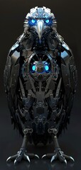 Create a photorealistic 3D image of a frontal view eagle robot, with intricate metallic feathers and glowing blue eyes