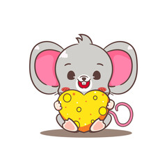Cute mouse holding love cheese cartoon character. Adorable kawaii animal mascot vector illustration concept design. Isolated white background.