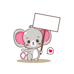 Cute mouse holding empty board cartoon character. Adorable kawaii animal mascot vector illustration concept design. Isolated white background.