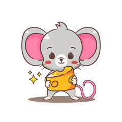 Cute mouse cartoon character holding cheese. Adorable kawaii animal mascot vector illustration concept design. Isolated white background.