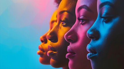 Side Profile Views of Multi-Ethnic Women in Rainbow Lighting for Creative and Modern Designs