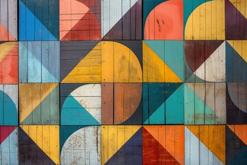 Fototapeta premium A close-up of a colorful wood wall art piece featuring geometric shapes such as circles and triangles.
