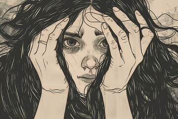 A black and white hand drawn illustration of a woman with her hands covering her face, conveying a sense of sadness and distress.