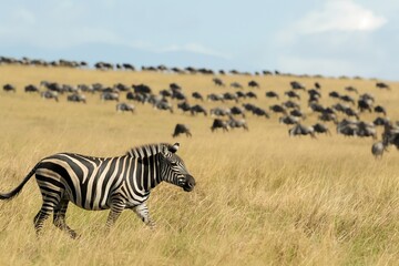 Naklejka premium A lone zebra walks through tall grass in the Kenyan savanna, with a herd of wildebeest in the distance.