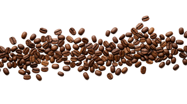 evenly roasted full coffee beans moving in a twisted curve shape horizontally on an isolated white background