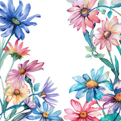 A watercolor painting of a floral frame with pink, blue, and yellow flowers.