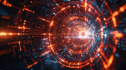 Obraz premium Futuristic digital tunnel with glowing neon lights and intricate patterns. Ideal for sci-fi and technology-related concepts and projects.
