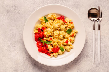 Sacсhettini pasta in a plate with tomato sauce.