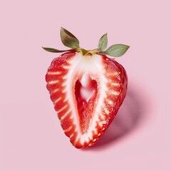 A close-up view of a fresh strawberry cut in half is isolated on a pastel pink background.