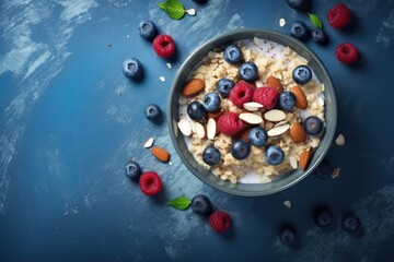 A bowl of oatmeal with blueberries and almonds on a blue background. The bowl is filled with a variety of fruits and nuts, creating a healthy and colorful breakfast
