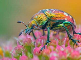 Fototapeta premium Macro shot of a beetle on a flower, the shiny carapace and intricate details clearly visible, with a soft-focus garden background