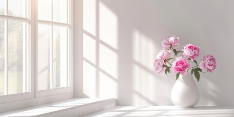 Bright sunlight filters through the window, illuminating the radiant beauty of a pink peony bouquet.