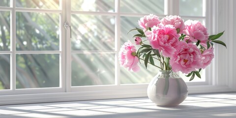 A chic arrangement of pink peonies in a vase fills the room with vibrant color and a touch of sophistication.