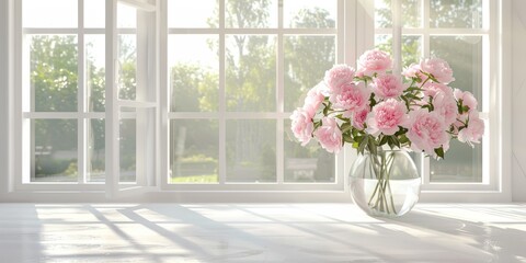 A vase filled with the bright elegance of peonies sits by the window, their petals softly touched by the sunlight.