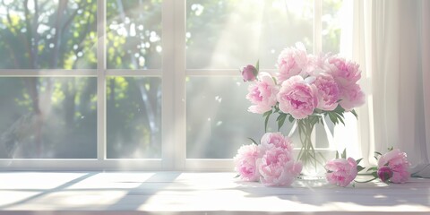 A vase of vibrant peonies stands in the sunlight, their petals a sign of the lush beauty of a bright spring day.