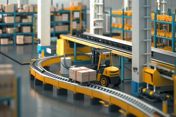 A realistic depiction of machinery used for moving materials in a large industrial warehouse. Advanced logistics and automation concept