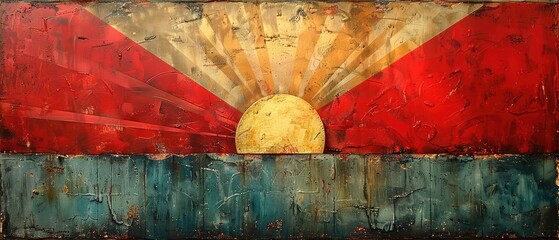 vibrant abstract painting with a stylized sun and multicolored rays on a textured surface suggesting age