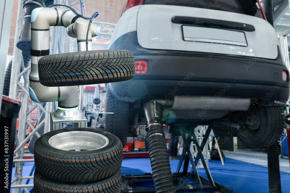 Poster robot arm works in a car service