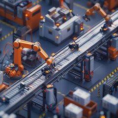 A detailed and realistic scene of a conveyor belt with packages moving through a high-tech logistics warehouse. Efficient processing and automation concept