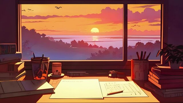 A study desk cluttered with books papers laptop, stream starting soon, overlay loop, animated virtual backgrounds, vtuber asset twitch zoom OBS, manga anime chill hip hop 4k Music Animation video