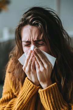 A woman with a tissue in her hand, covering her mouth and nose. She is wiping her nose and she is in a state of discomfort