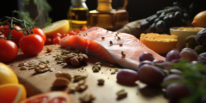 A table with a variety of fruits and vegetables, including salmon, tomatoes, and grapes. The table is set for a healthy meal