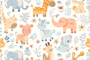 Obraz premium Cute animal illustrations in pastel tones creating a seamless wallpaper pattern Gentle light, medium shot, whimsical feel