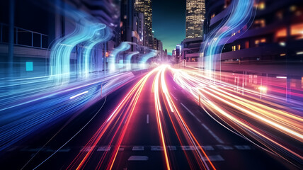 Fototapeta premium Long exposure photograph of city streets at night with colorful light trails from moving vehicles. Urban speed and motion concept for posters and prints