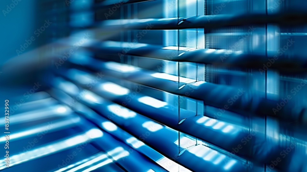 Poster abstract image of blue light filtering through window blinds, creating a cool and modern atmosphere 