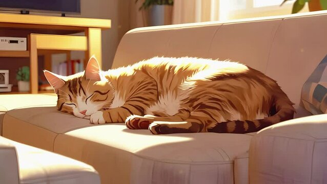 A warm living room with a cat napping on the couch, overlay loop, animated virtual backgrounds, vtuber asset twitch zoom OBS, manga style anime chill hip hop 4k Animation video