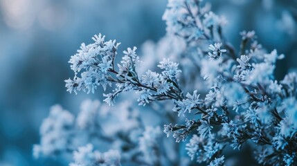 A branch covered in snow and ice. The branch is covered in snow and ice, and the image has a serene and peaceful mood