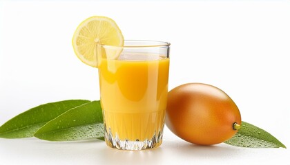 glass of Mango juice and fruits, Mango juice with a lemon slice on a white background 