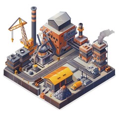 An isometric icon of a steel mill with blast furnaces, cranes, and metal products Simplified and bright