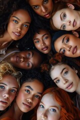 Fototapeta premium A group of women with different hair colors and styles are standing in a circle. Concept of unity and diversity among the women, as they come together to celebrate their individuality and beauty