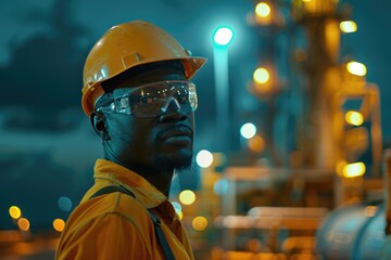 A man in a yellow shirt and a hard hat stands in front of a large industrial plant. The scene is dark and the man's face is obscured by the shadows. Scene is serious and focused