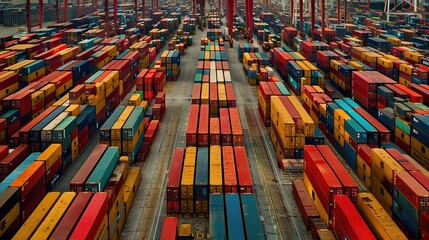 An industrial port buzzes with shipping containers Towering cranes loom in the background, symbolizing the logistics and global trade carried out in this bustling maritime hub.
