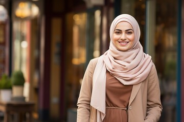 A woman wearing a pink scarf and a brown jacket is smiling